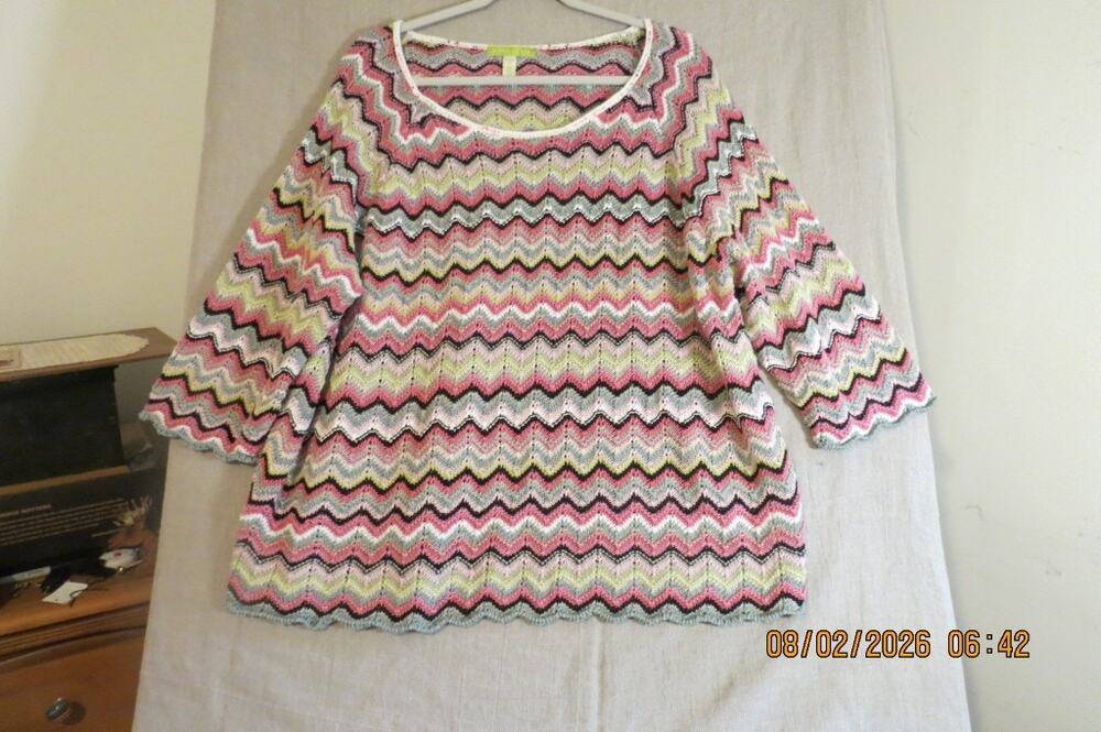Sigrid Olsen Sweater Womens 3X Cotton Crochet Chevron Pink Multicolor Pullover